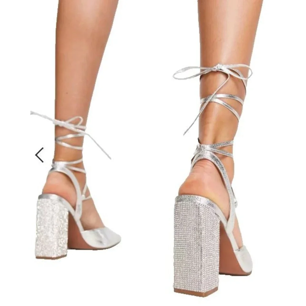 ASOS DESIGN Diamante embellished tie leg block heeled shoes in silver US 6